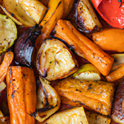 Colorful roasted vegetables with a caramelized exterior, sprinkled with herbs.