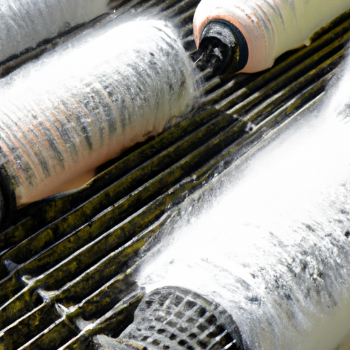 A close-up of condenser coils being cleaned with a soft brush.