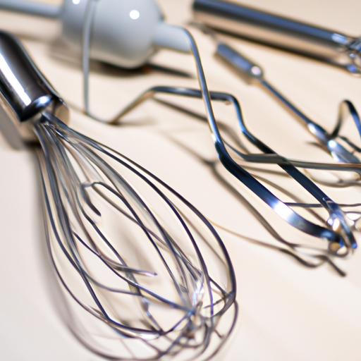 Various mixing attachments for a standing mixer, including a whisk, paddle beater, and dough hook.