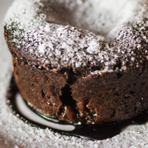 A decadent chocolate lava cake with a molten center, topped with powdered sugar.